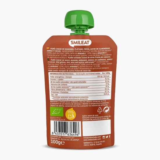 Piure eco din mere, banane, căpșuni, băutură de migdale și cacao, +9 luni, 100g