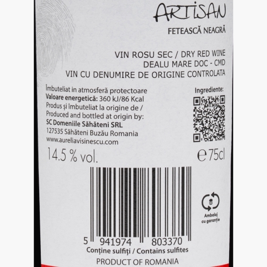 Vin roșu sec Fetească Neagră, 14.5%, 0.75l 