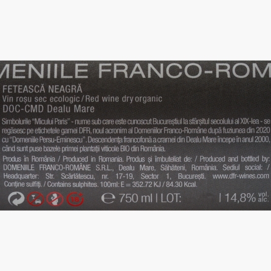 Vin roșu sec eco Fetească Neagră, 14.8%, 0.75l