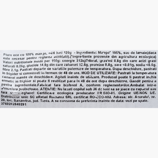Piure eco cu 100% mango, +4/6 luni, 120g