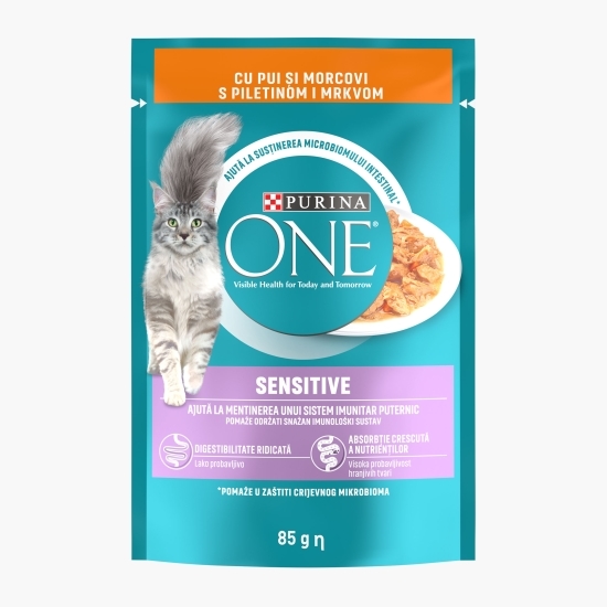 Hrană umedă pentru pisici, 85g, One Sensitive cu pui și morcov 