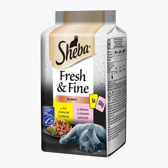 Hrană umedă pentru pisici adulte, 6x50g, cu paui, somon și curcan