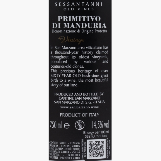 Vin roșu sec Sessantanni Primitivo di Manduria DOP, 14.5%, 0.75l