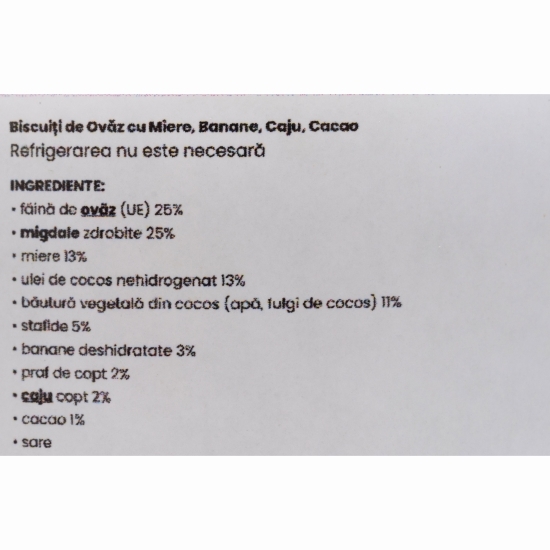 Biscuiți de ovăz cu miere, banane, caju și cacao, fără zahăr 120g