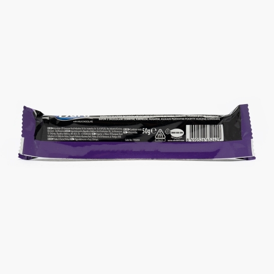 Baton cu glazură de ciocolată cu lapte cu interior de nuga, caramel, arahide și grâu expandat 50g