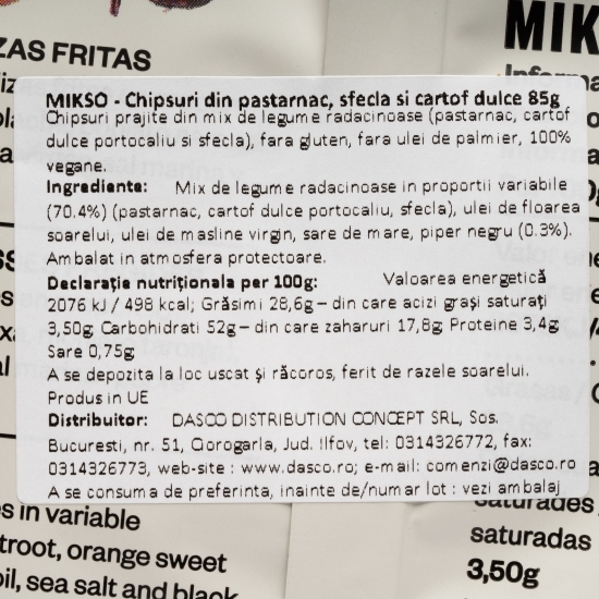 Chipsuri din păstârnac, sfeclă și cartof dulce, fără gluten 85g