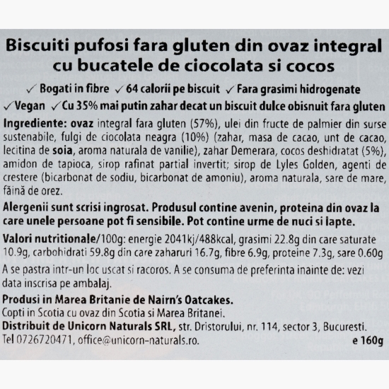 Biscuiți pufoși fără gluten din ovăz cu cocos și ciocolată 160g