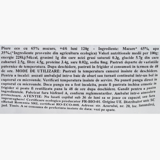 Piure eco cu 65% mazăre, +4/6 luni, 120g