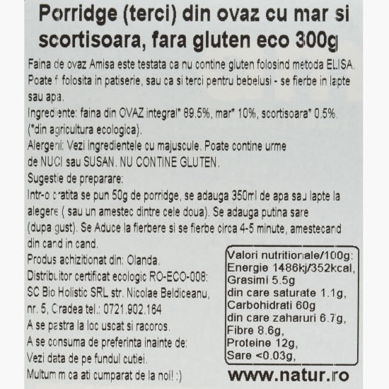 Porridge eco din ovăz cu măr și scorțișoară, fără gluten 300g