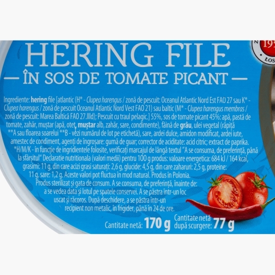 Hering file în sos picant de tomate, 170g