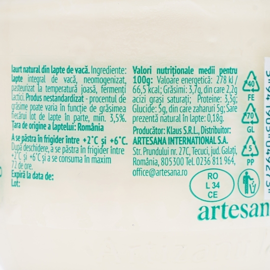 Iaurt natural din lapte de vacă 320g