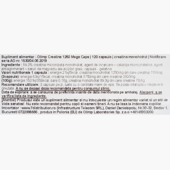 Creatină monohidrată micronizată 1250, 120 capsule