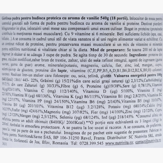 Budincă proteică cu aromă de vanilie, 18 porții, 540g