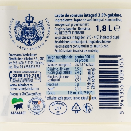 Lapte integral 3.5% grăsime 1.8l