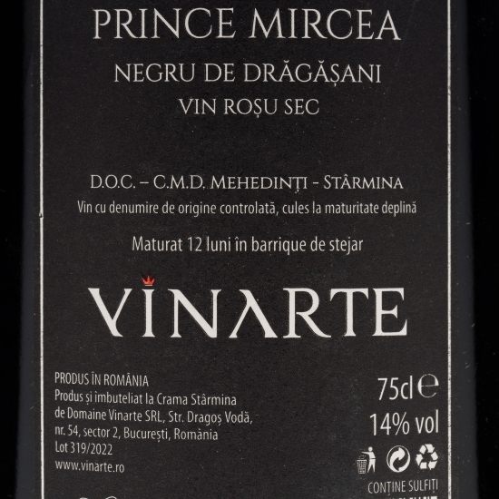 Vin roșu sec Prince Mircea, Negru de Drăgășani, 14%, 0.75l