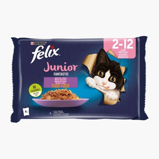 Hrană umedă pentru pisici junior, 4x85g, Fantastic cu pui în aspic