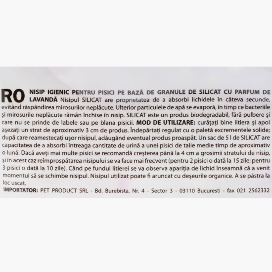 Nisip igienic pentru litieră pisici Silicat, cu parfum de lavandă, 5l
