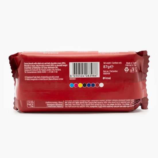 Biscuiți cu cacao, fulgi de ovăz și cremă cu ciocolată neagră 87g