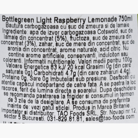 Băutură carbogazoasă cu suc zmeură & lămâie Light Raspberry Lemonade 0.75l