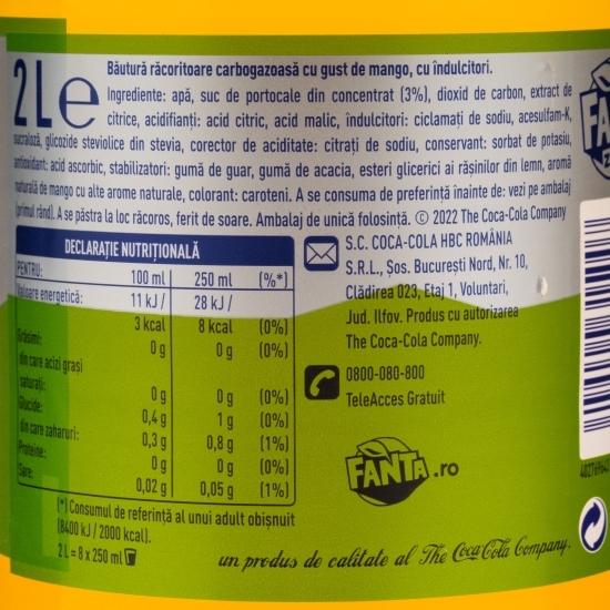 Băutură carbogazoasă mango zero zahăr 2l