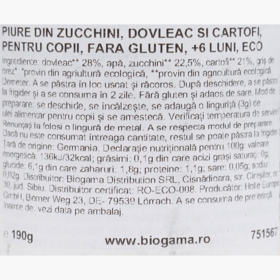 Piure eco din zucchini, dovleac si cartofi pentru copii, fără gluten, +6 luni, 190g