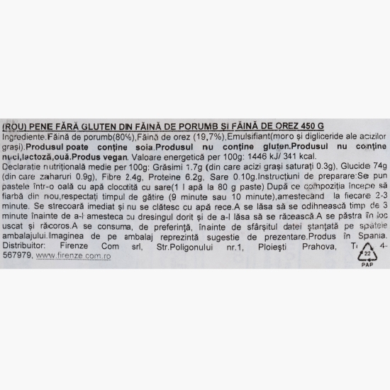 Paste pene fără gluten, din făină de porumb și făină de orez 450g