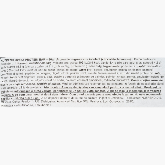 Baton proteic Qwizz, cu aromă de ciocolată și brownie, 60g 