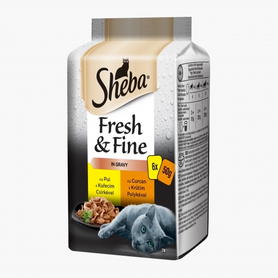Hrană umedă pentru pisici adulte, 6x50g, cu pui, curcan și somon