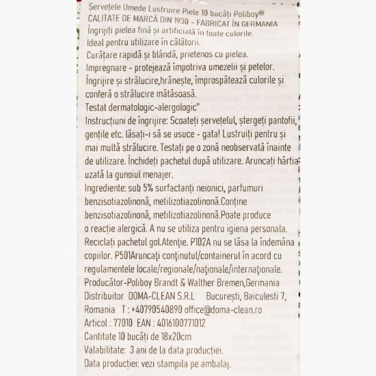 Șervețele umede pentru îngrijire pantofi piele, 10 buc