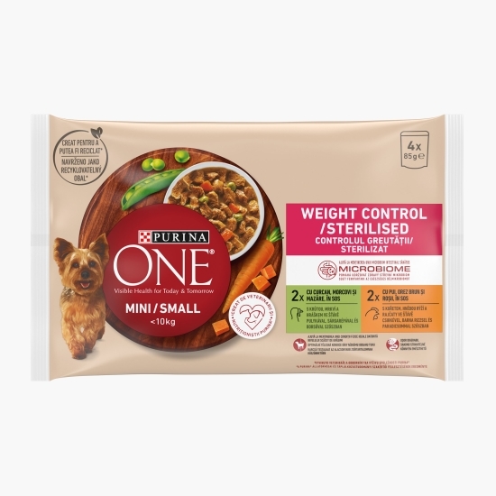 Hrană umedă pentru câini One Mini Controlul greutății/ Sterilizat, multipack - curcan & pui, 4 buc x 85g
