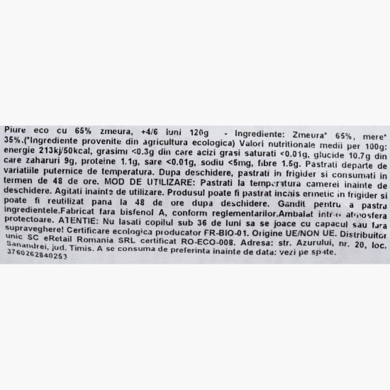 Piure eco cu 60% zmeură, +4/6 luni, 120g
