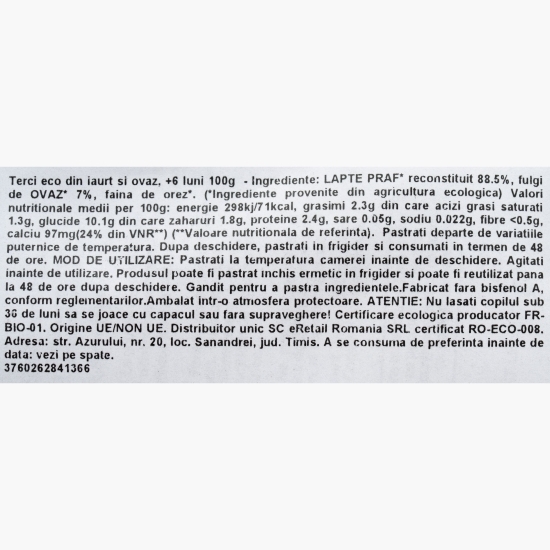 Terci eco din iaurt și ovăz, +6 luni, 100g