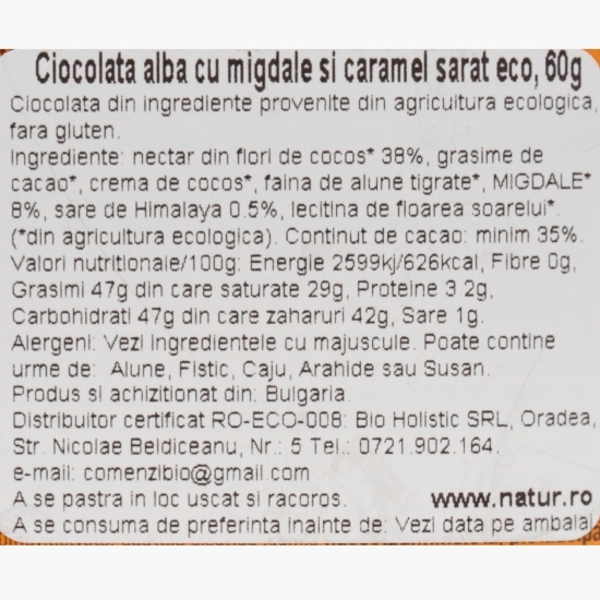 Ciocolată albă eco, cu migdale și caramel sărat, 60g