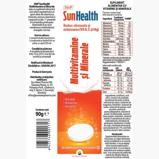 Multivitamine și minerale SunHealth 20 comprimate efervescente