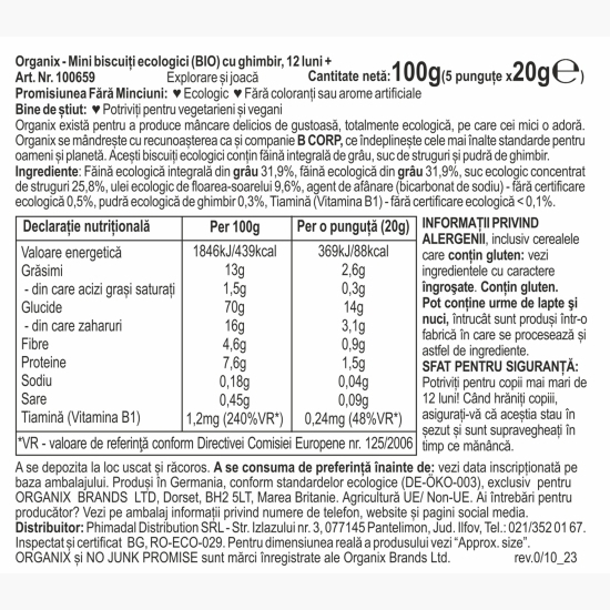 Mini biscuiți ecologici cu ghimbir 5x20g, 12+ luni