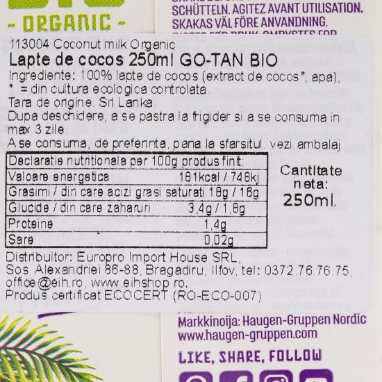 Băutură de cocos ecologic 18% grăsime 0.25l
