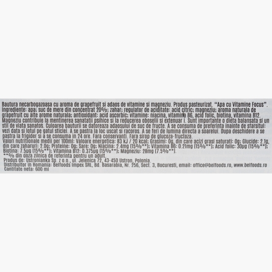 Apă cu magneziu și aromă de grapefruit, Focus, 0.6l