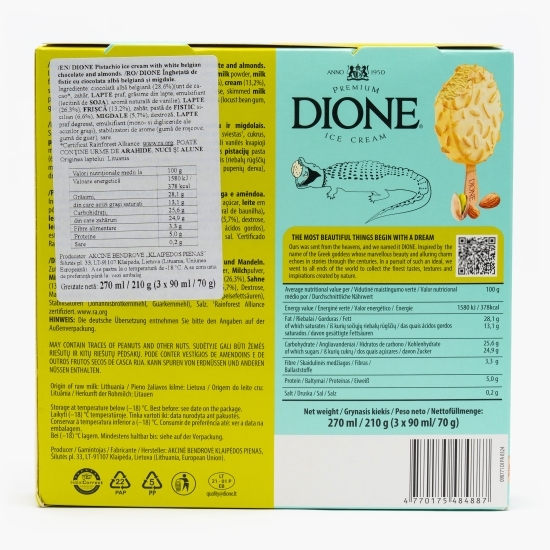 Înghețată de fistic cu ciocolată albă belgiană și migdale, 3x90ml (3x70g)