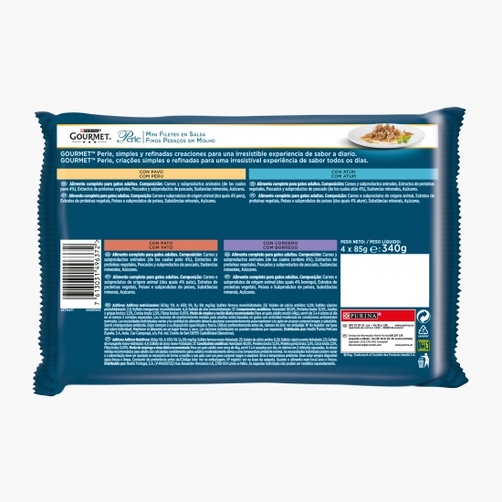 Hrană umedă pentru pisici, 4x85g, Multipack mini fileuri în sos, rață, curcan, miel și ton