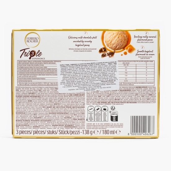 Înghețată cu aromă de alune, cu sos de caramel și glazură de ciocolată cu lapte și alune, 3x60ml (3x46g)