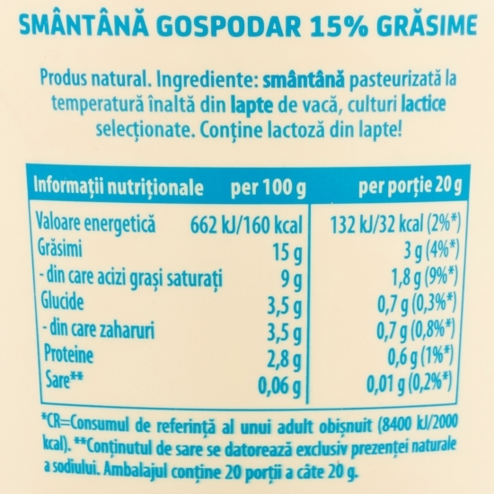 Smântână Gospodar 15% grăsime 400g