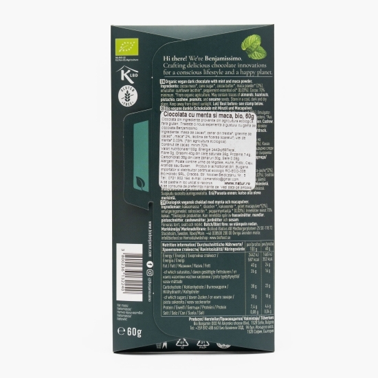 Ciocolată neagră  eco 70% cacao, cu mentă și maca 60g