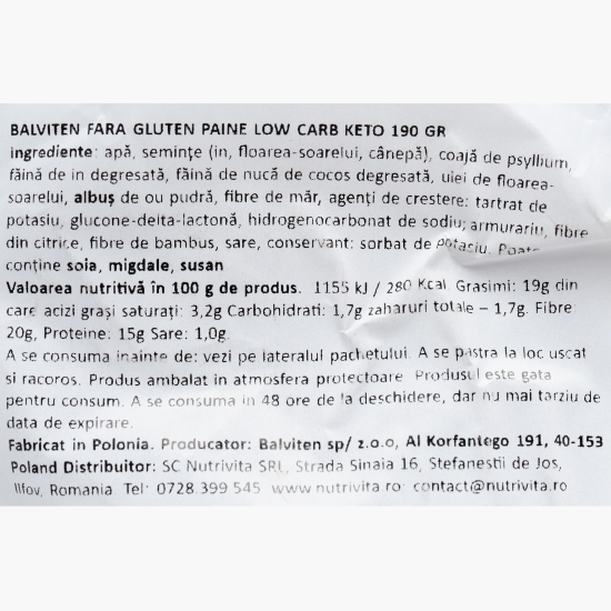 Pâine Keto cu conținut redus de carbohidrați, fără gluten, 190g