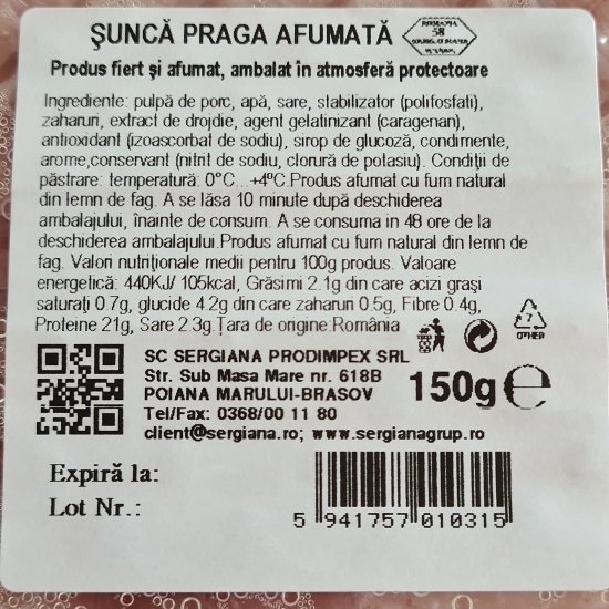Șuncă Praga afumată, feliată 150g