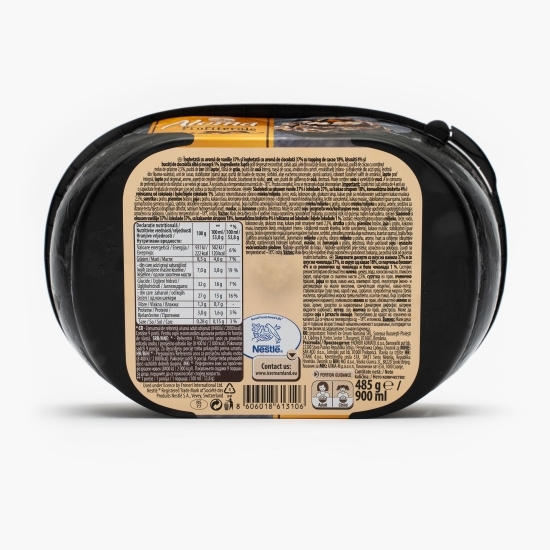 Îngheţată Profiterole cu aromă de vanilie şi de ciocolată, cu topping de cacao, 900ml (485g)