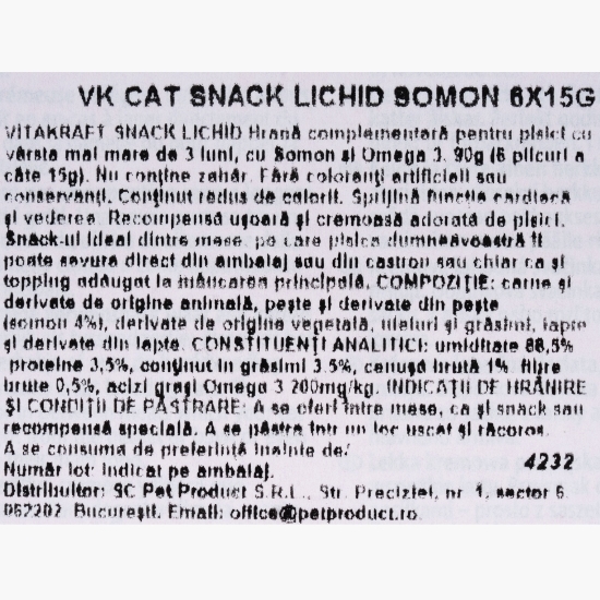 Snack lichid pentru pisici, cu somon și omega 3, 6x15g
