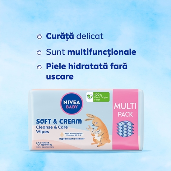 Șervețele umede pentru bebeluși Baby Soft & Cream Cleanse & Care Multipack, 4 pachete x 57 buc