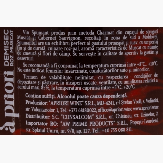 Vin spumant roze demisec Muscat, 12%, 0.75l 