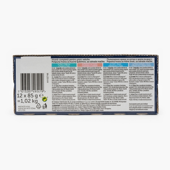 Hrană umedă pentru pisici, 12x85g, cu ton, somon, cod, pește cambulă în aspic