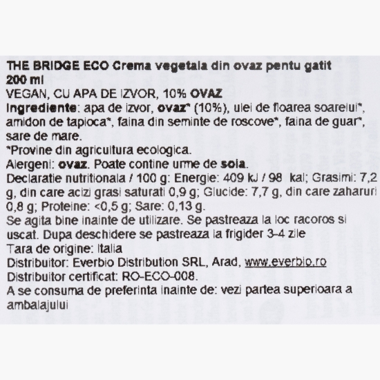 Cremă ecologică vegetală din ovăz pentru gătit, 0.2l 